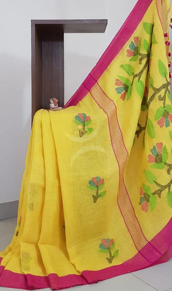 Yellow Handloom linen with jamdani Weaving and handwoven turning butta.