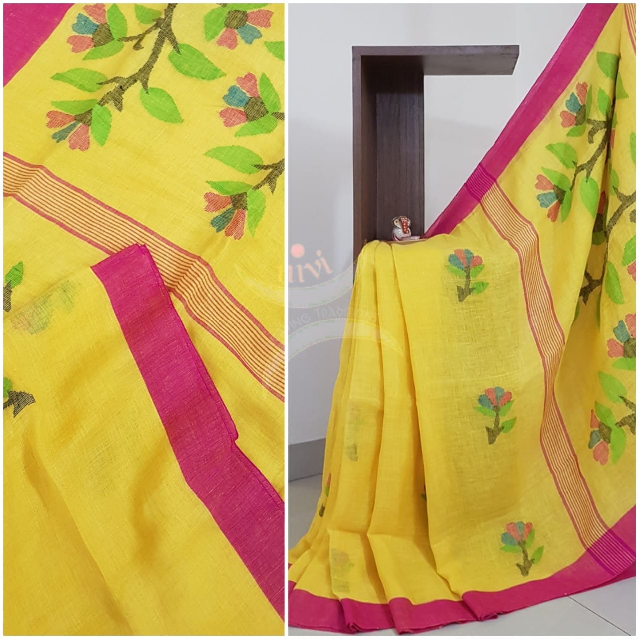 Yellow Handloom linen with jamdani Weaving and handwoven turning butta.