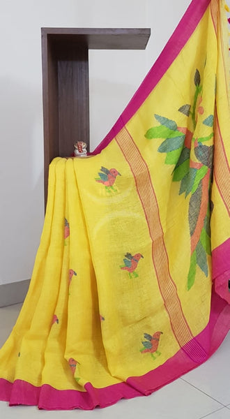 Yellow Handloom linen with jamdani Weaving and handwoven turning butta.