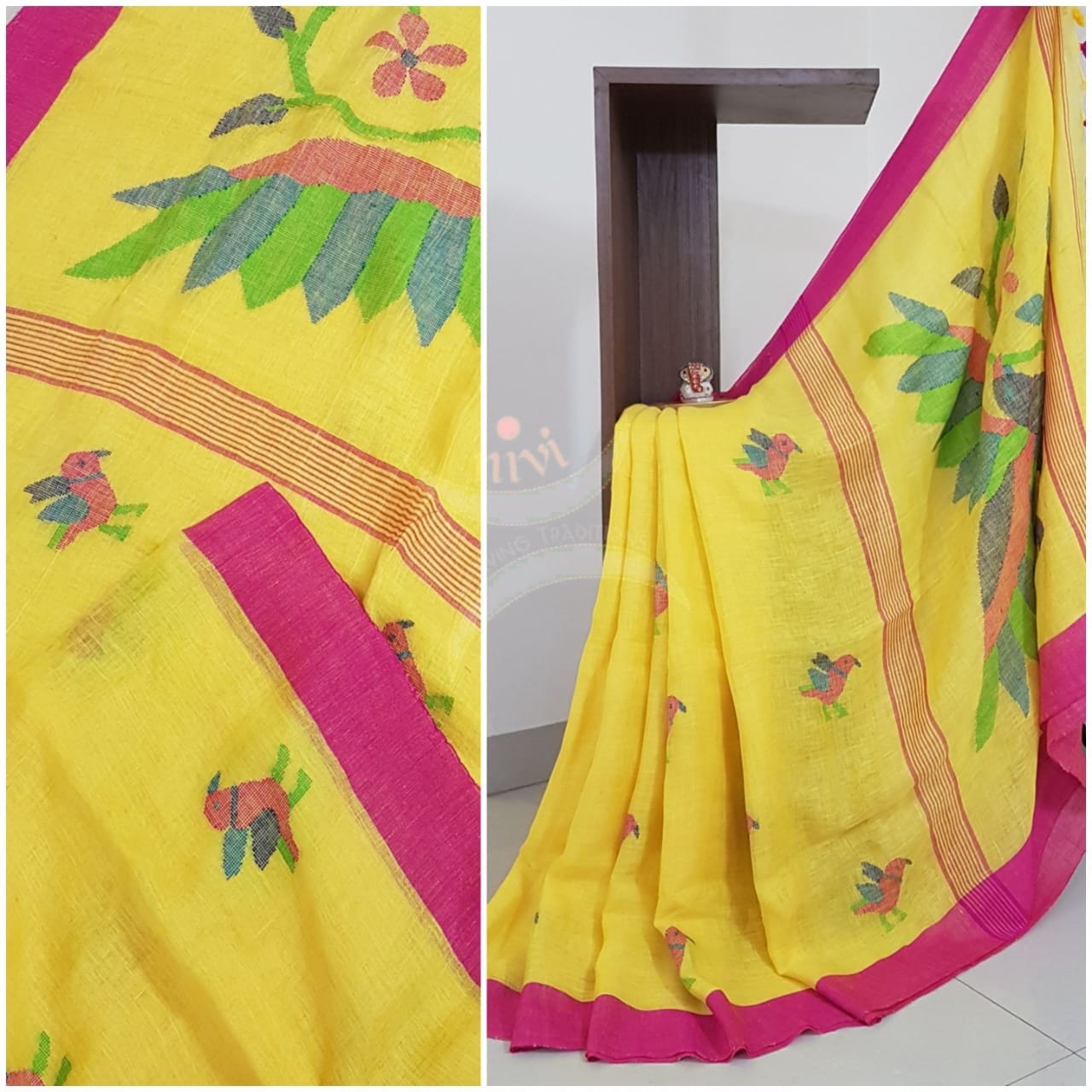 Yellow Handloom linen with jamdani Weaving and handwoven turning butta.