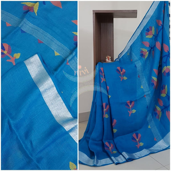 Blue Handloom linen with jamdani Weaving and handwoven turning butta.