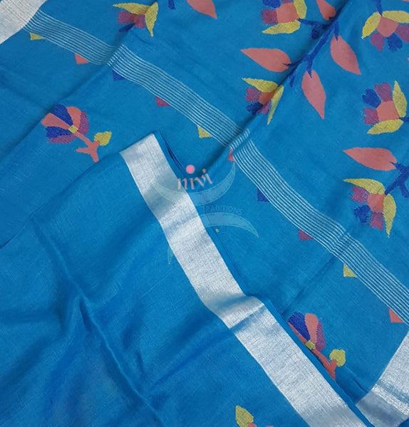 Blue Handloom linen with jamdani Weaving and handwoven turning butta.