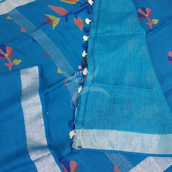 Blue Handloom linen with jamdani Weaving and handwoven turning butta.