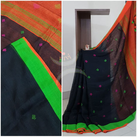 Black Handloom linen cotton with handwoven turning butta.