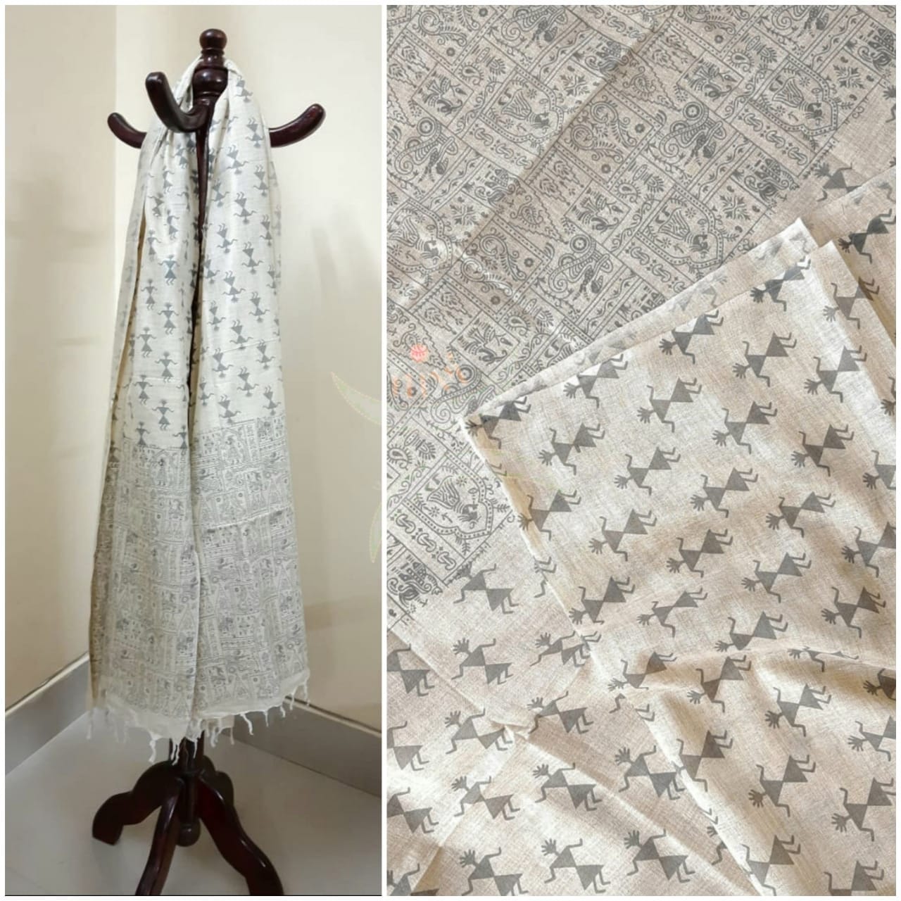 Beige and grey combination cotton dupatta with block printed madubani motifs