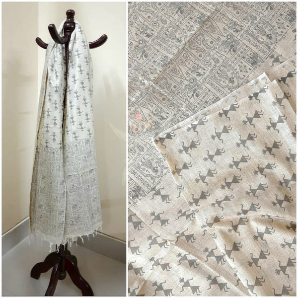 Beige and grey combination cotton dupatta with block printed madubani motifs