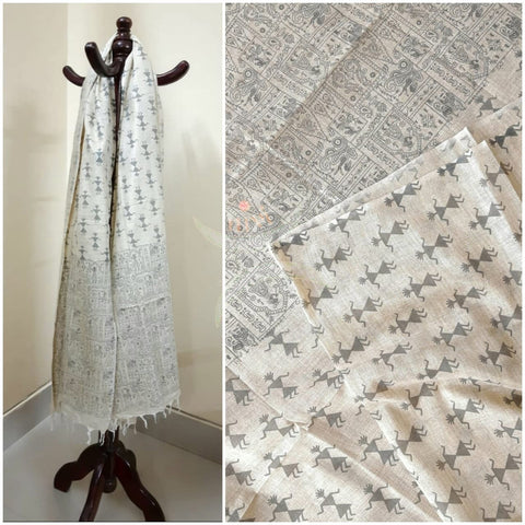 Beige and grey combination cotton dupatta with block printed madubani motifs