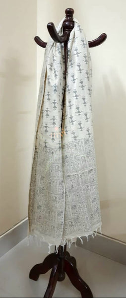 Beige and grey combination cotton dupatta with block printed madubani motifs