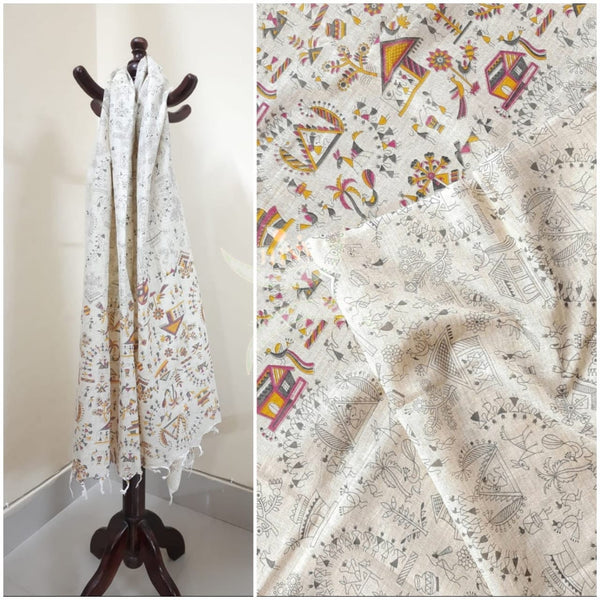 Beige and grey combination cotton dupatta with block printed madubani motifs