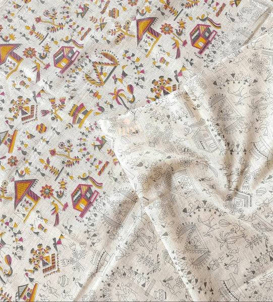 Beige and grey combination cotton dupatta with block printed madubani motifs