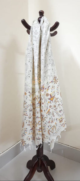 Beige and grey combination cotton dupatta with block printed madubani motifs