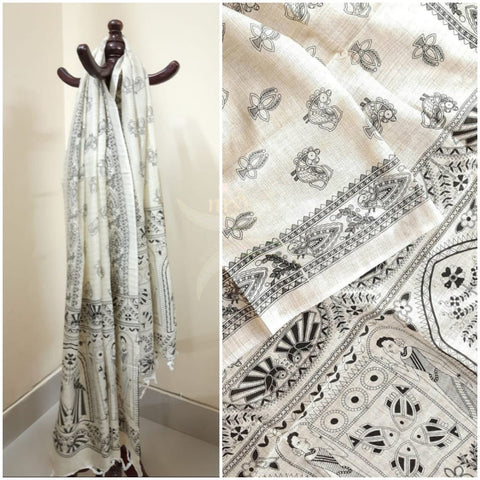 Beige and black combination cotton dupatta with block printed madubani motifs