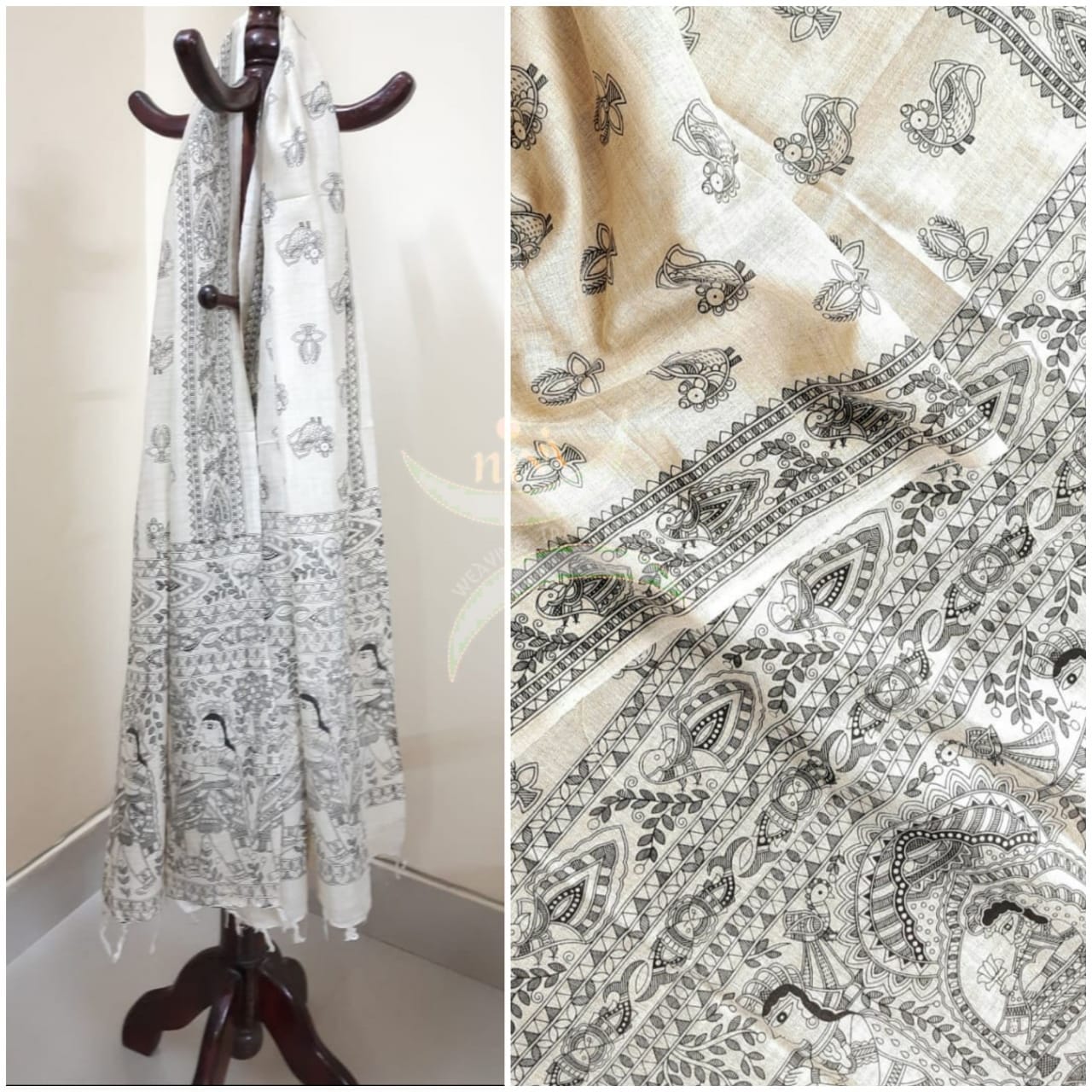 Beige and black combination cotton dupatta with block printed madubani motifs