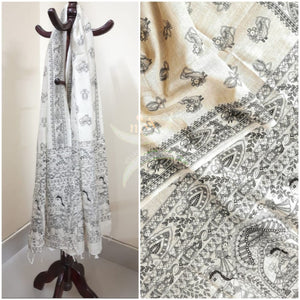 Beige and black combination cotton dupatta with block printed madubani motifs