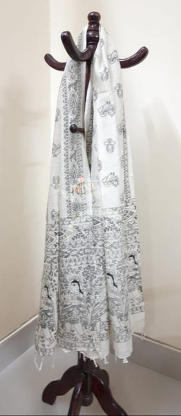 Beige and black combination cotton dupatta with block printed madubani motifs