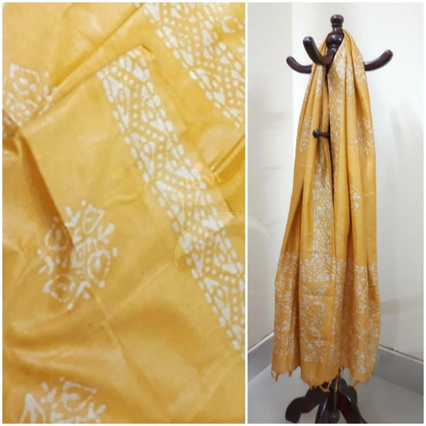 Yellow hand printed silk blend batik dupatta