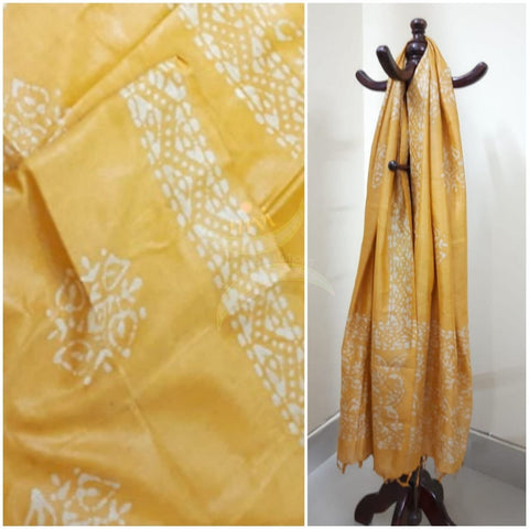 Yellow hand printed silk blend batik dupatta
