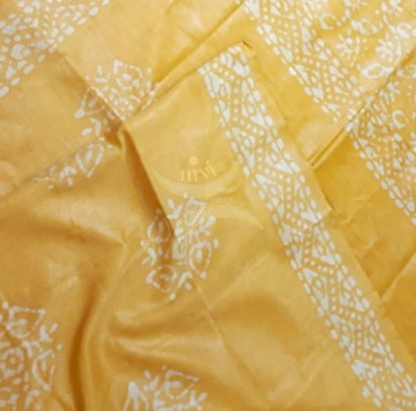 Yellow hand printed silk blend batik dupatta