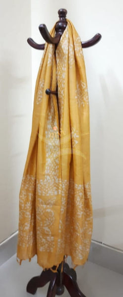 Yellow hand printed silk blend batik dupatta