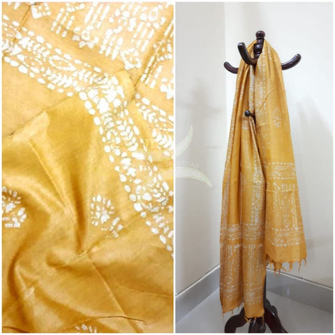 Yellow hand printed silk blend batik dupatta