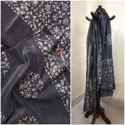 Black hand printed silk blend batik dupatta