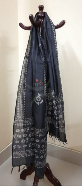 Black hand printed silk blend batik dupatta