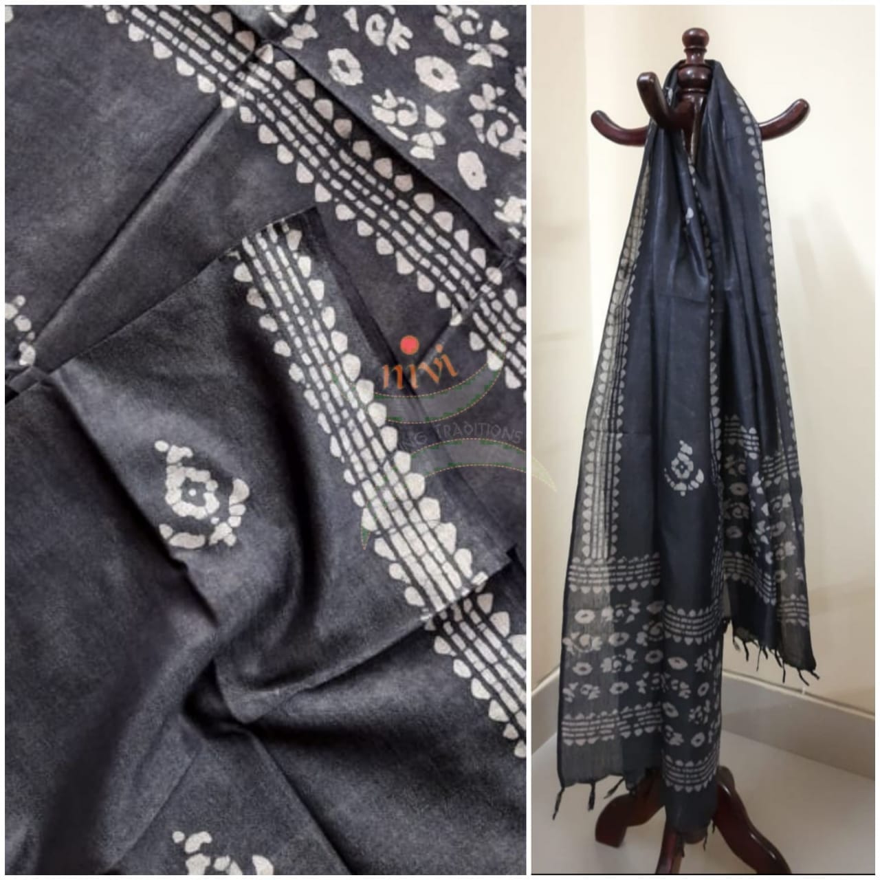 Black hand printed silk blend batik dupatta