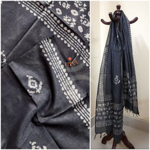 Black hand printed silk blend batik dupatta