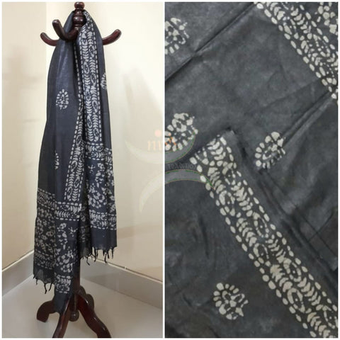 Black hand printed silk blend batik dupatta