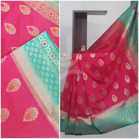 Pink dupion art silk brocade saree with contrast border and pallu.