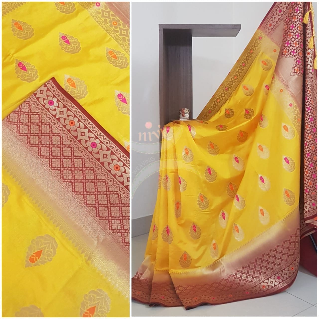 Yellow dupion art silk brocade saree with contrast border and pallu.