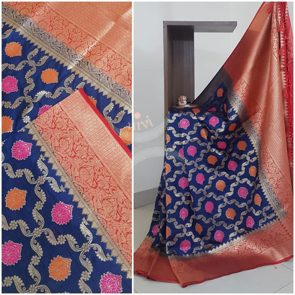 Royal Blue dupion art silk brocade saree with contrast border and pallu.