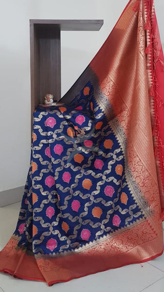 Royal Blue dupion art silk brocade saree with contrast border and pallu.