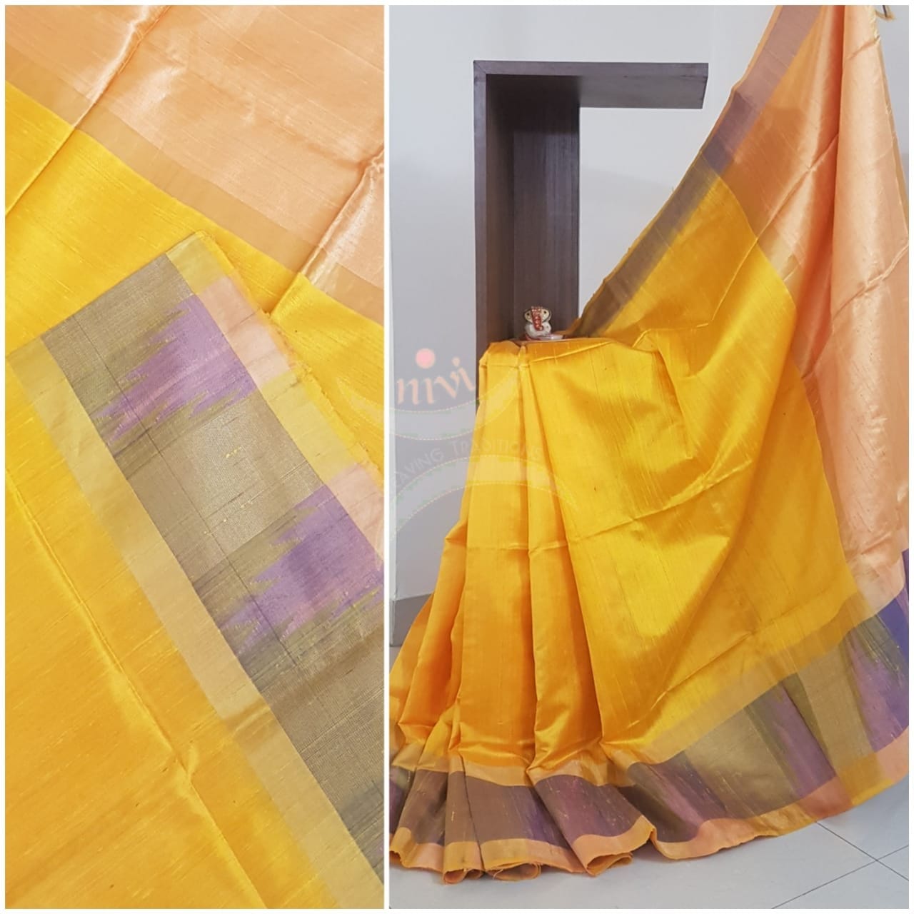 Yellow 100% pure handloom Bagalpuri silk with khatan pallu .