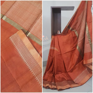 Rust orange 100% pure handloom Bagalpuri silk with khatan pallu .