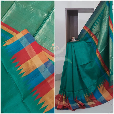 Green 100% pure handloom Bagalpuri tussar silk with khatan pallu .
