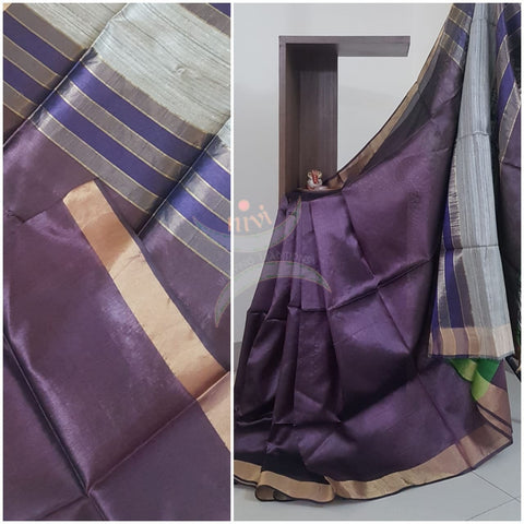 Purple 100% pure handloom tussar silk with geecha pallu .