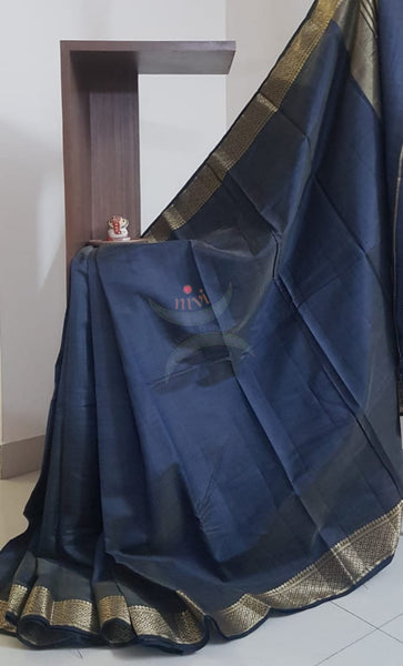 Navy grey Art silk tussar saree with blouse piece