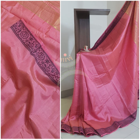 Pink Art silk tussar saree with blouse piece