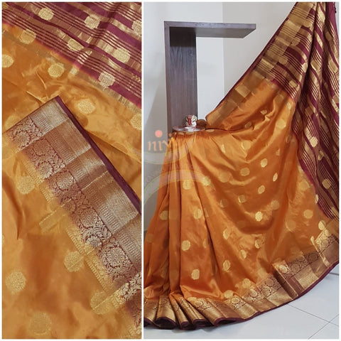 Mustard Art silk tussar with contrasting border and zari woven pallu