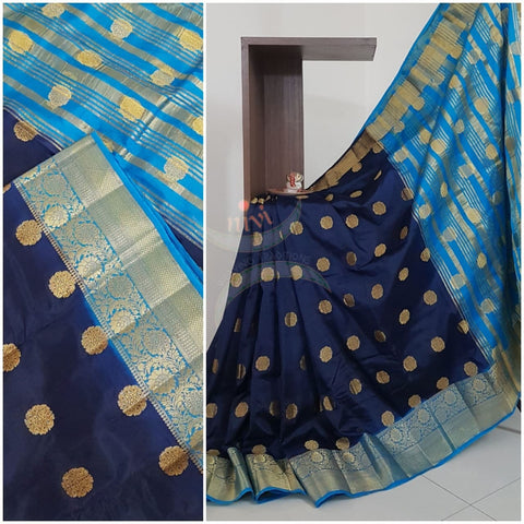 Blue Art silk tussar with contrasting border and zari woven pallu