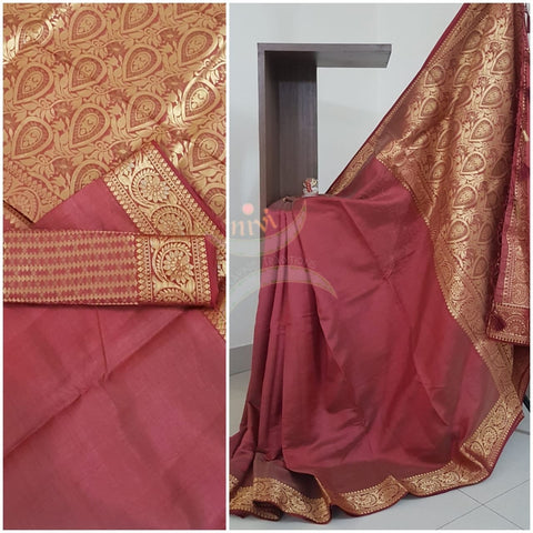 Maroon Art silk tussar with traditional border and brocade woven pallu