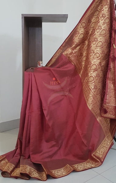 Maroon Art silk tussar with traditional border and brocade woven pallu
