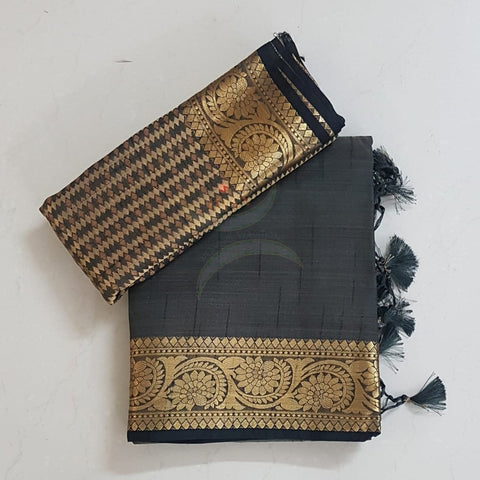 Black Art silk tussar with traditional border and brocade woven pallu