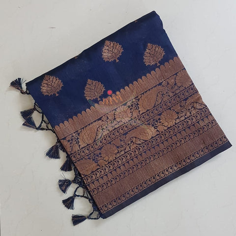 Navy blue Art silk tussar with traditional thread woven border and brocade  pallu