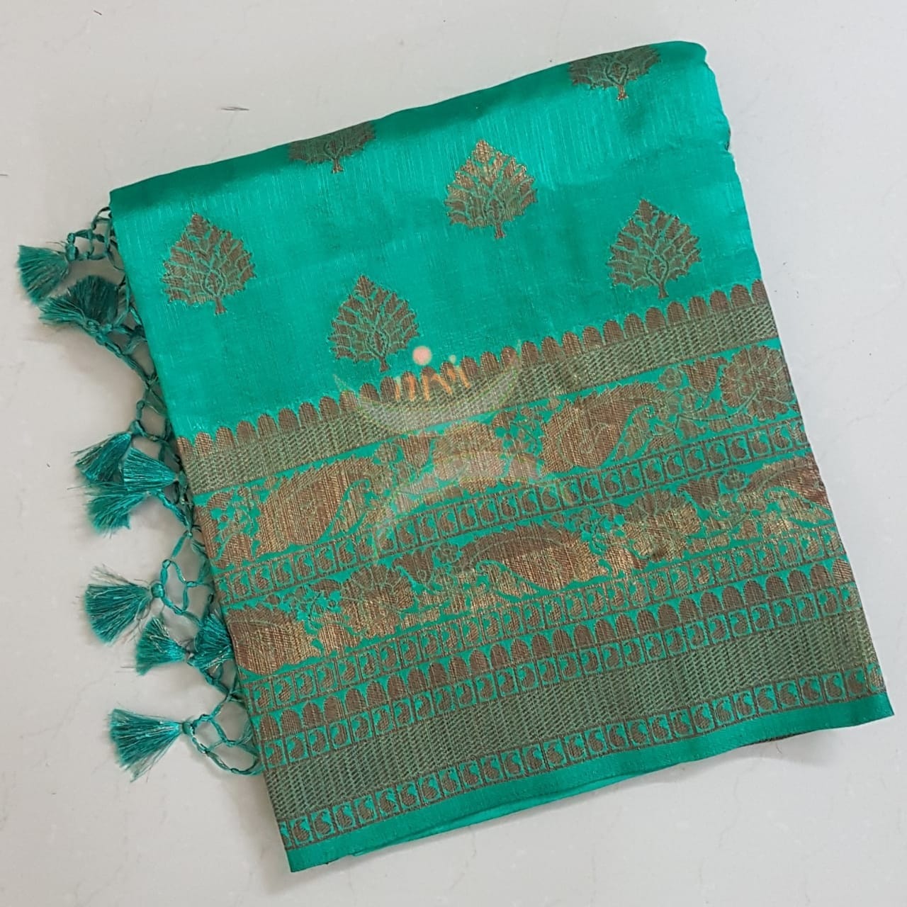 Sea Green Art silk tussar with traditional thread woven border and brocade  pallu