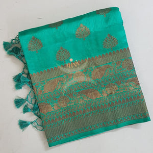 Sea Green Art silk tussar with traditional thread woven border and brocade  pallu