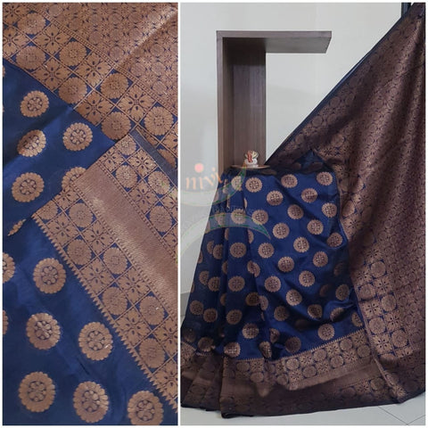 Navy blue Art silk tussar with traditional thread woven border and brocade  pallu