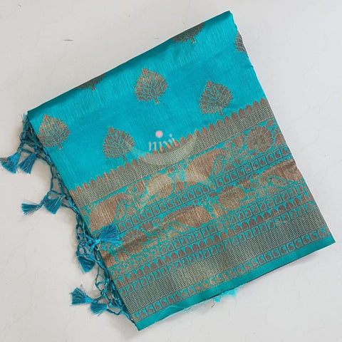 Blue Art silk tussar with traditional thread woven border and brocade  pallu