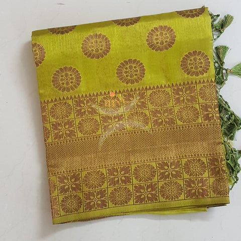 Green Art silk tussar with traditional thread woven border and brocade  pallu
